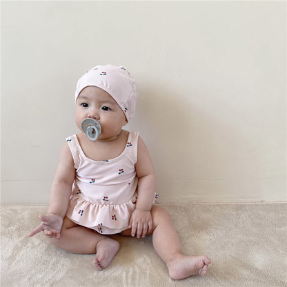 ベビー用水着 Pink / 90cm ベビー チェリー ビキニ 水着 帽子セット【mh0000504】