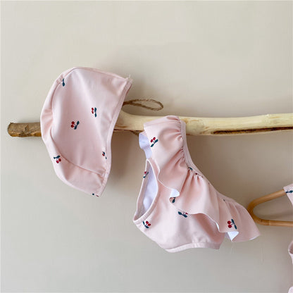 ベビー用水着 Pink / 90cm ベビー チェリー ビキニ 水着 帽子セット【mh0000504】
