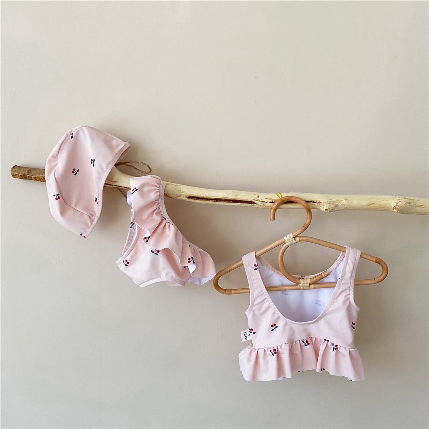 ベビー用水着 Pink / 90cm ベビー チェリー ビキニ 水着 帽子セット【mh0000504】