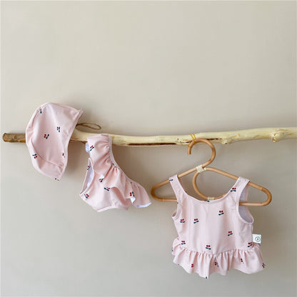 ベビー用水着 Pink / 90cm ベビー チェリー ビキニ 水着 帽子セット【mh0000504】