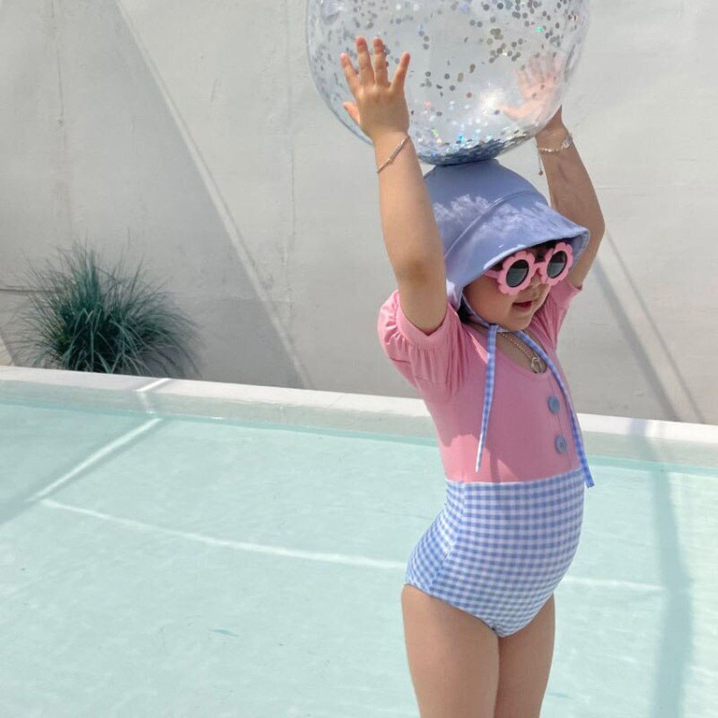 ベビー用水着 Pink / 90cm キッズ チェック ドッキング パフスリーブ 半袖 ワンピース 水着 帽子 セット スイムスーツ【mh0000710】