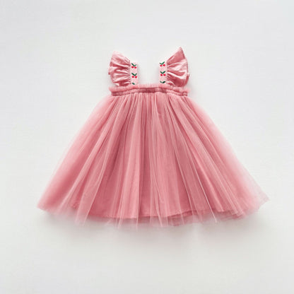 ノースリーブワンピース Pink / 90cm キッズ チェリー チュチュ チュール フリルスリーブ プリンセス ドレス ワンピース【mh0001536】