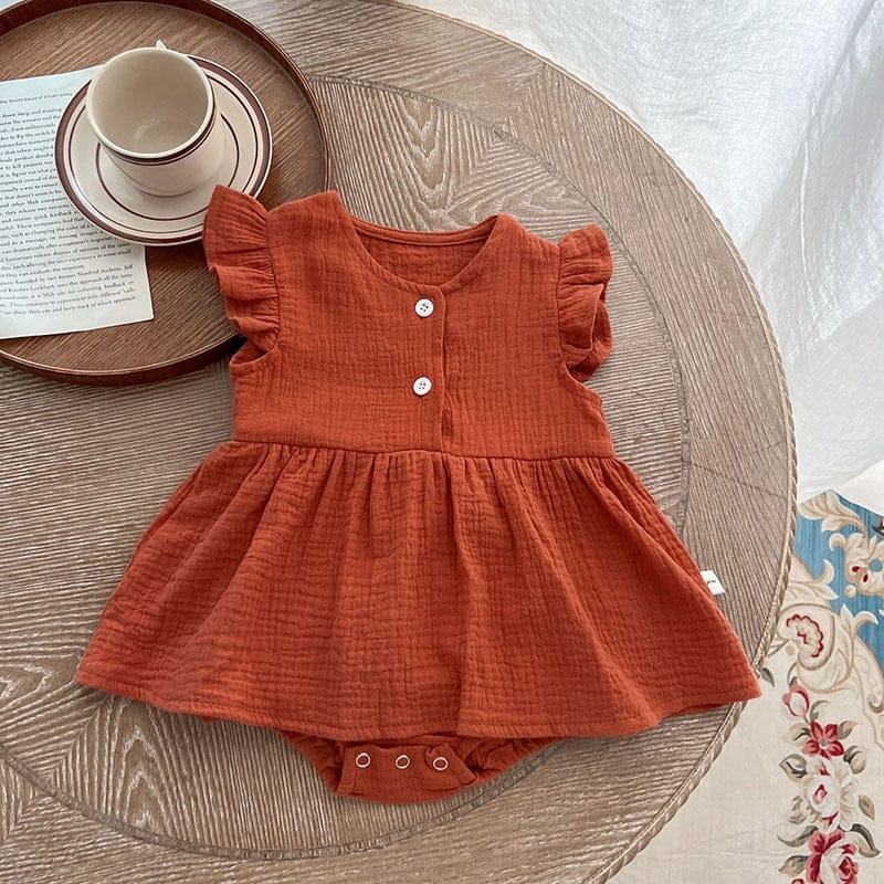 半袖ロンパース Red Brown / 6M/66cm ベビー フリルスリーブ スカート シンプル ワンピース ロンパース【mh0001652】