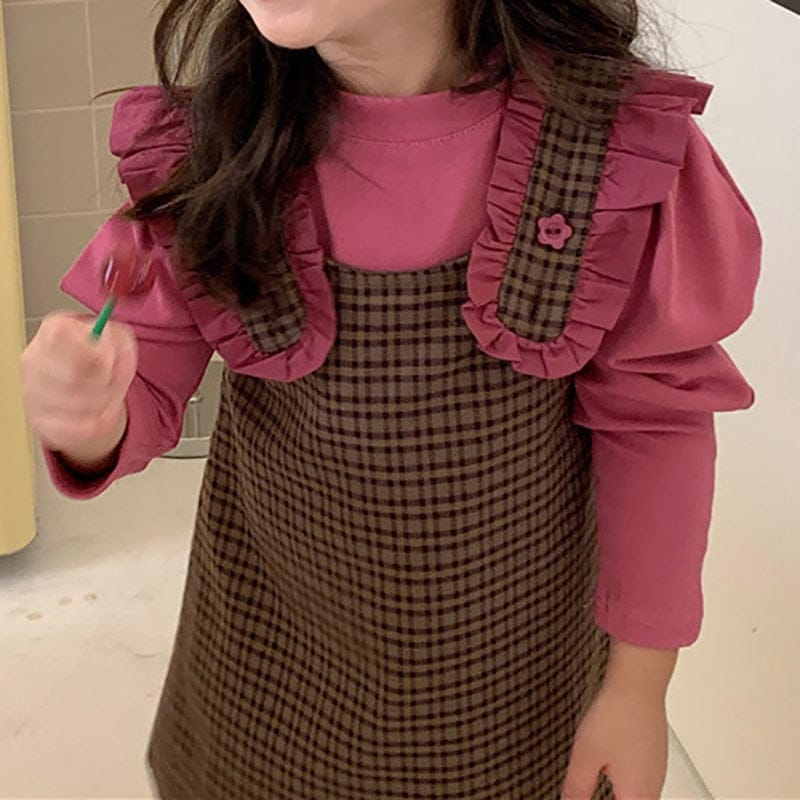 長袖セットアップ Rose Red / 12M 80cm キッズ セットアップ チェック フリル サスペンダー ワンピース パフスリーブ 長袖 Tシャツ【mh0001006】