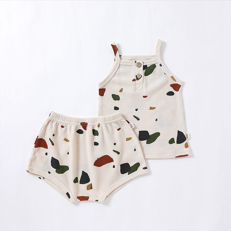 ノースリーブセットアップ stone / 9M/73cm ベビー ワッフル ボタニカル セットアップ キャミソール タンクトップ ショートパンツ ブルマパンツ 太陽 幾何学【mh0001763】