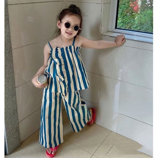 ノースリーブセットアップ Stripe / 90cm キッズ ストライプ セットアップ フリル キャミソール トップス ブラウス ワイド ルーズ パンツ ガールズ【mh0002592】