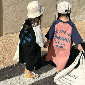 半袖ワンピース キッズ レターロゴ 半袖 ラグラン ビッグシルエット ロング Tシャツ ワンピース ピンク ブラック ガールズ