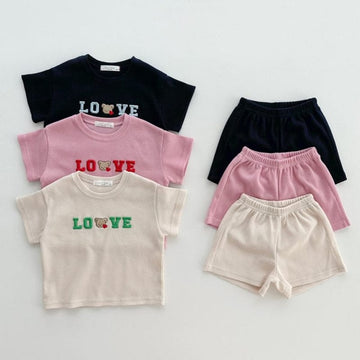 半袖セットアップ ベビー セットアップ くま ベア 刺繍 半袖Tシャツ ショートパンツ ベージュ ネイビー ピンク ユニセックス