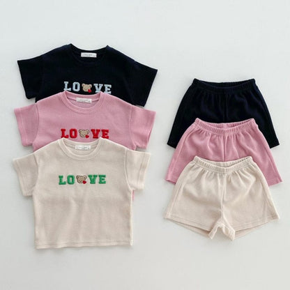 半袖セットアップ ベビー セットアップ くま ベア 刺繍 半袖Tシャツ ショートパンツ ベージュ ネイビー ピンク ユニセックス