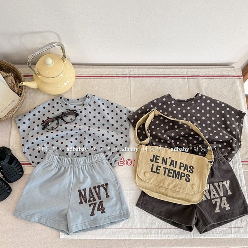 半袖セットアップ キッズ セットアップ 水玉 ドット レターロゴ プリント 半袖 Tシャツ ショートパンツ ブルー ダークグレー ユニセックス
