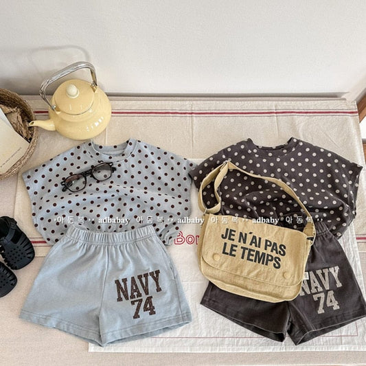 半袖セットアップ キッズ セットアップ 水玉 ドット レターロゴ プリント 半袖 Tシャツ ショートパンツ ブルー ダークグレー ユニセックス