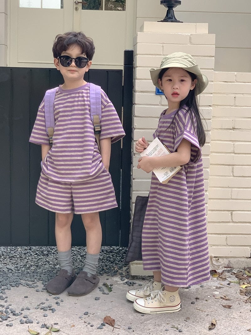 半袖セットアップ ☺︎ キッズ ボーダー ボーイズ セットアップ 半袖 Tシャツ ショートパンツ ガールズ ワンピース パープル リンク 兄弟 姉妹 お揃い コーデ