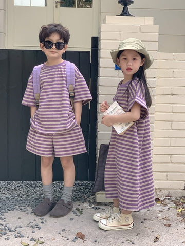 半袖セットアップ ☺︎ キッズ ボーダー ボーイズ セットアップ 半袖 Tシャツ ショートパンツ ガールズ ワンピース パープル リンク 兄弟 姉妹 お揃い コーデ