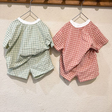 半袖セットアップ キッズ チェック 半袖 パジャマ セット Tシャツ ショートパンツ ピンク グリーン ユニセックス