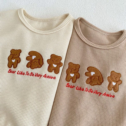 半袖セットアップ ベビー ワッフル セットアップ くま ベア 刺繍 半袖 Tシャツ ショートパンツ