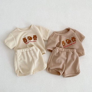 半袖セットアップ ベビー ワッフル セットアップ くま ベア 刺繍 半袖 Tシャツ ショートパンツ