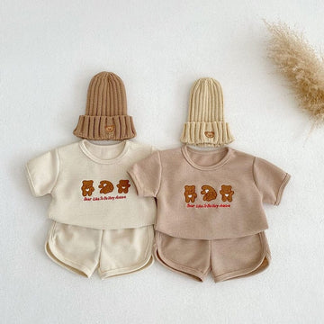 半袖セットアップ ベビー ワッフル セットアップ くま ベア 刺繍 半袖 Tシャツ ショートパンツ