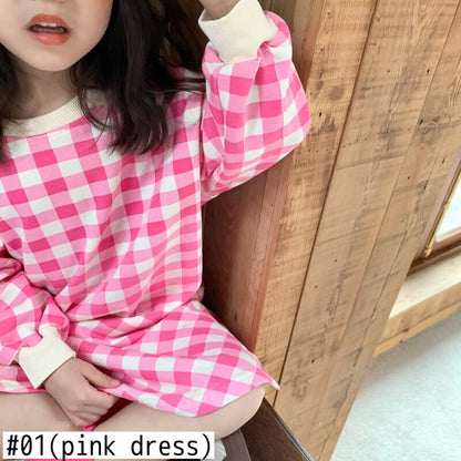長袖ワンピース キッズトップス ワンピース チェック 長袖Tシャツ 長袖フレアワンピース リンクコーデ 兄弟姉妹 お揃いコーデ ピンク/ベージュ/2カラー【mh0000062】