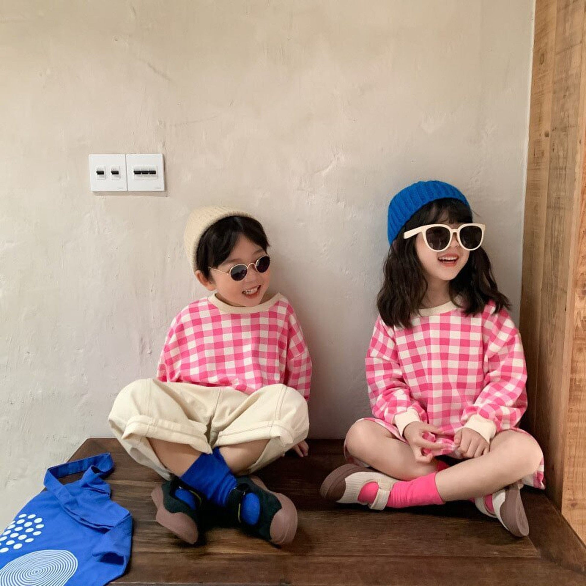 長袖ワンピース キッズトップス ワンピース チェック 長袖Tシャツ 長袖フレアワンピース リンクコーデ 兄弟姉妹 お揃いコーデ ピンク/ベージュ/2カラー【mh0000062】