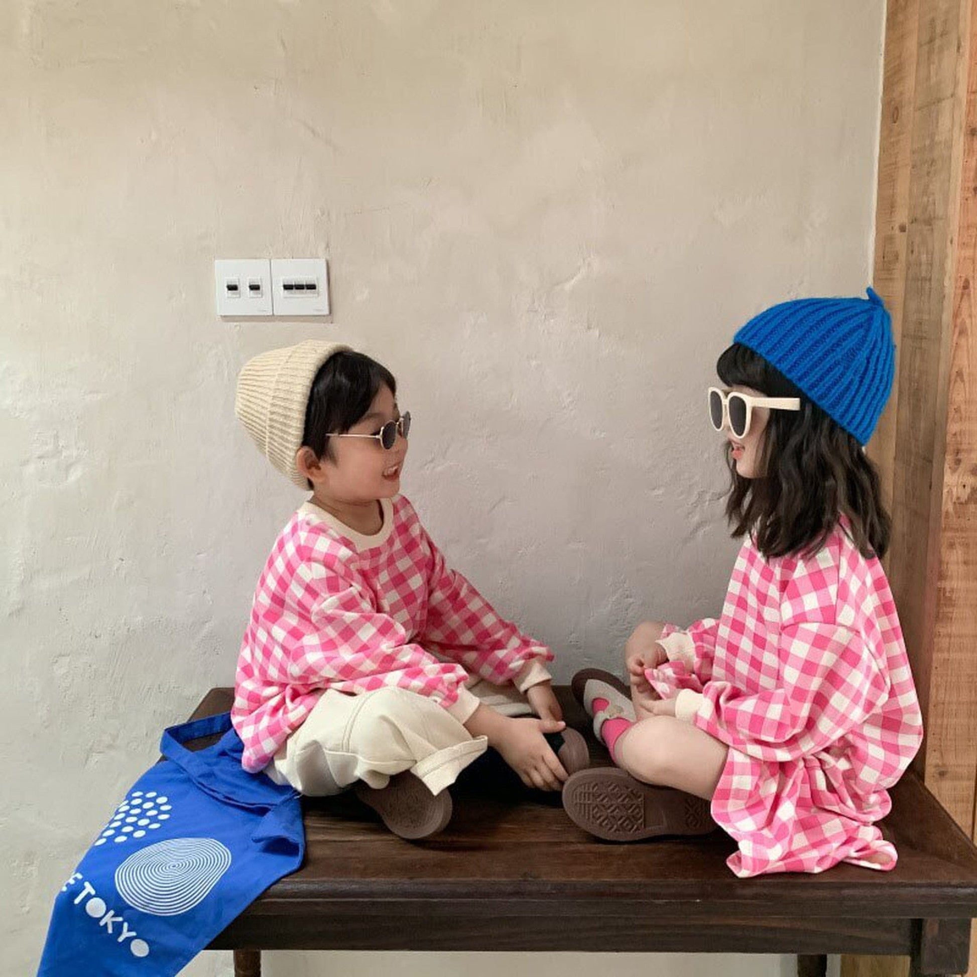 長袖ワンピース キッズトップス ワンピース チェック 長袖Tシャツ 長袖フレアワンピース リンクコーデ 兄弟姉妹 お揃いコーデ ピンク/ベージュ/2カラー【mh0000062】