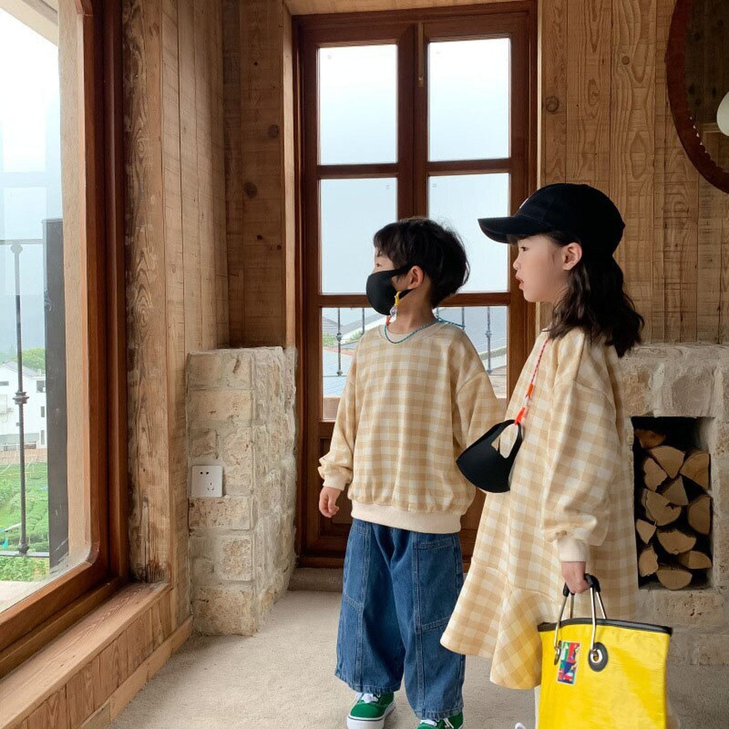 長袖ワンピース キッズトップス ワンピース チェック 長袖Tシャツ 長袖フレアワンピース リンクコーデ 兄弟姉妹 お揃いコーデ ピンク/ベージュ/2カラー【mh0000062】