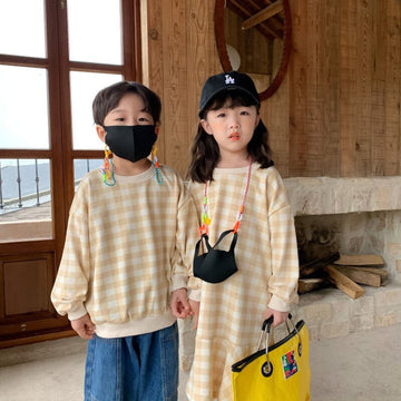長袖ワンピース キッズトップス ワンピース チェック 長袖Tシャツ 長袖フレアワンピース リンクコーデ 兄弟姉妹 お揃いコーデ ピンク/ベージュ/2カラー【mh0000062】