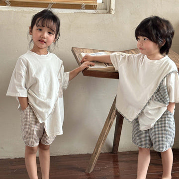 半袖セットアップ キッズ セットアップ チェック 半袖 アシメ デザイン Tシャツ ショートパンツ カーキ グレー ユニセックス 5729C