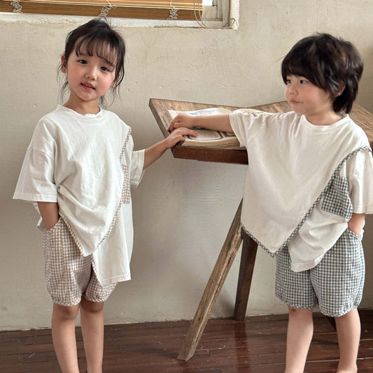 半袖セットアップ キッズ セットアップ チェック 半袖 アシメ デザイン Tシャツ ショートパンツ カーキ グレー ユニセックス 5729C
