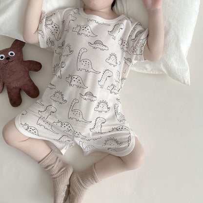 半袖パジャマ キッズ 半袖 プリント セットアップ パジャマ Tシャツ ショートパンツ フラワー 恐竜 ダイナソー くま ベア【mh0001165】