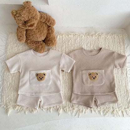 半袖セットアップ ベビー セットアップ ワッフル くま ベア ワッペン ポケット 半袖 Tシャツ パンツ【mh0001453】