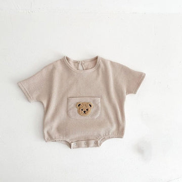 半袖セットアップ ベビー セットアップ ワッフル くま ベア ワッペン ポケット 半袖 Tシャツ パンツ【mh0001453】