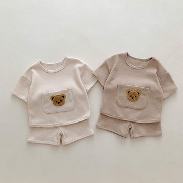 半袖セットアップ ベビー セットアップ ワッフル くま ベア ワッペン ポケット 半袖 Tシャツ パンツ【mh0001453】