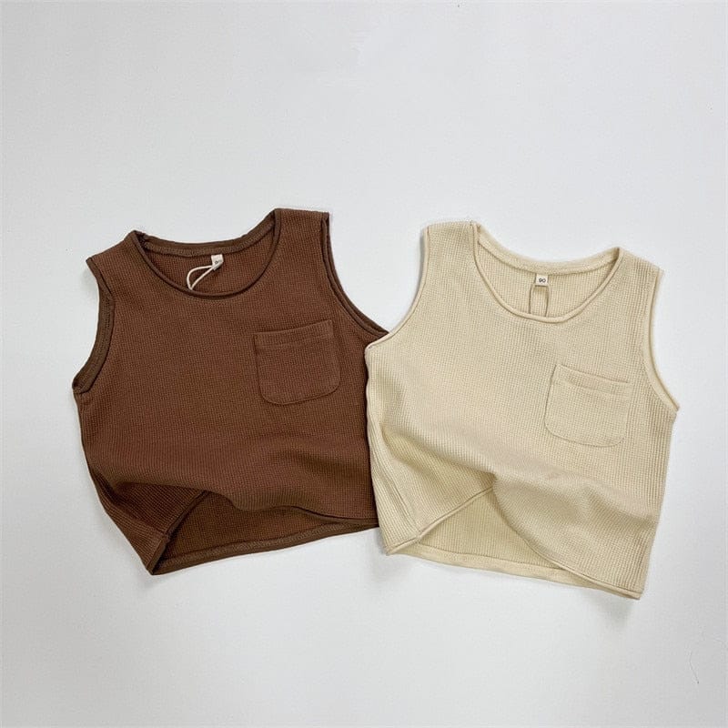 タンクトップ・キャミソール・ノースリーブトップス キッズ ワッフル ポケット タンクトップ ノースリーブ Tシャツ ベージュ コーヒーブラウン ボーイズ【mh0002232】