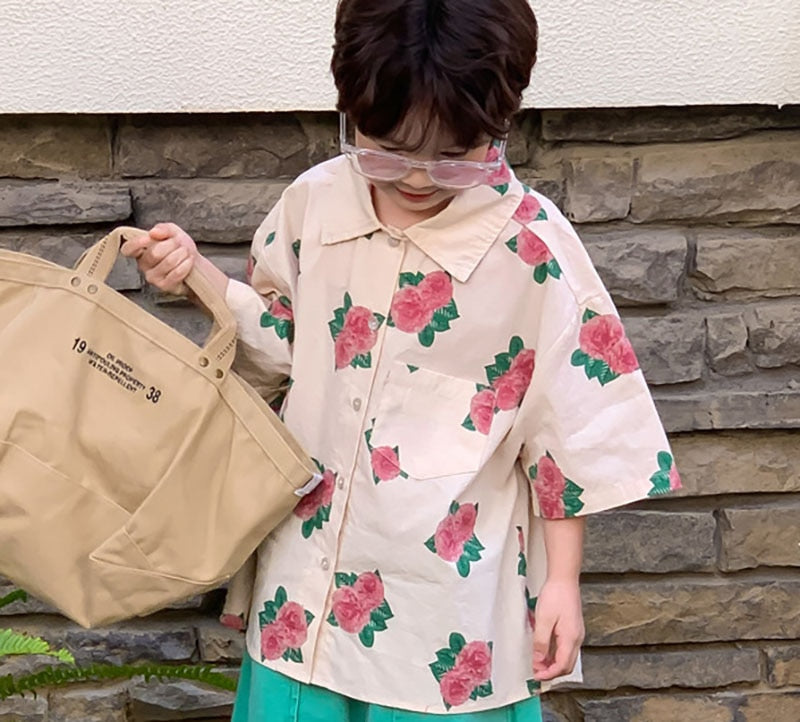 半袖ワンピース T-shirt / 24M 90cm キッズ ローズ フラワー 半袖 ワンピース シャツ ブラウス ハーフパンツ リンク 兄弟 姉妹 お揃い コーデ