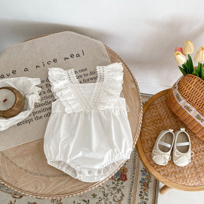 ノースリーブロンパース ベビー レース フリル Vネックデザイン ノースリーブ ロンパース ベージュ ガールズ 5977B