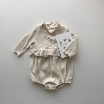 ノースリーブロンパース ベビー ノースリーブロンパース Vネック レース フリル ドッキング ベージュ ガールズ 女の子 子供服 6944