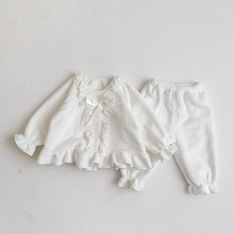 長袖パジャマ White / 6M 66cm ベビー 長袖 パジャマ セット フリース レース フリル トップス パンツベビー 長袖 パジャマ セット フリース レース フリル トップス パンツ【mh0001041】