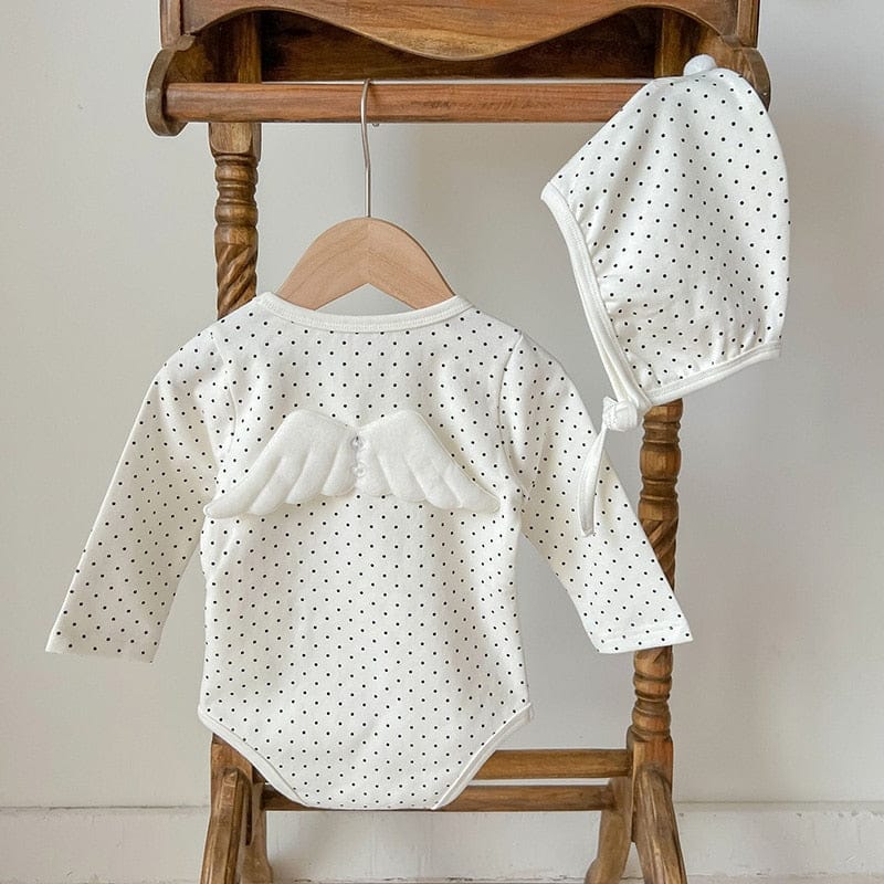 長袖ロンパース White / 6M 66cm ベビー みずたま 天使の羽 長袖 ロンパース 帽子 セット【mh0001138】