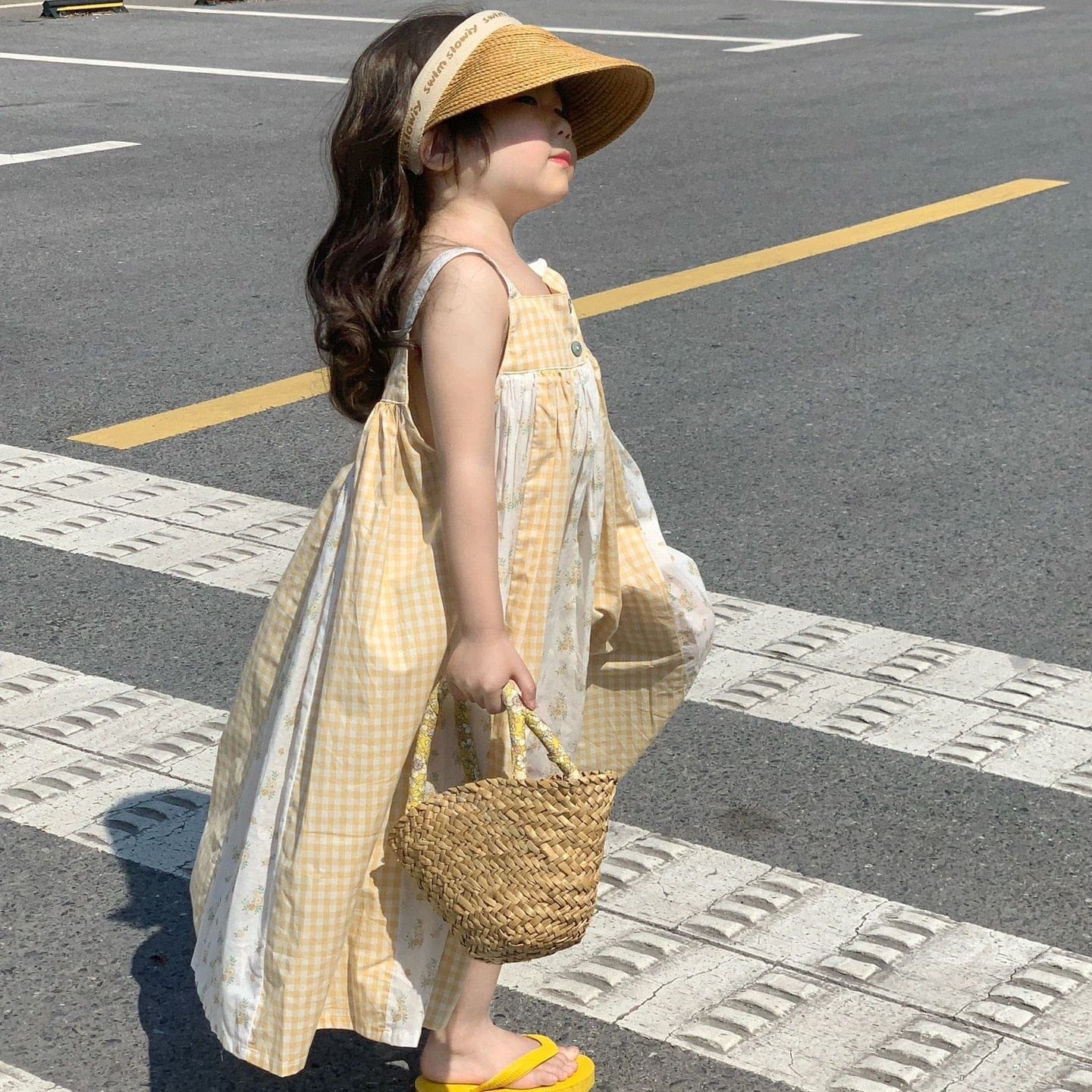 ノースリーブワンピース yellow / 24M/90cm キッズ チェック フラワー 花柄 パッチワーク サスペンダー ノースリーブ ワンピース ピンク イエロー ガールズ 5879C