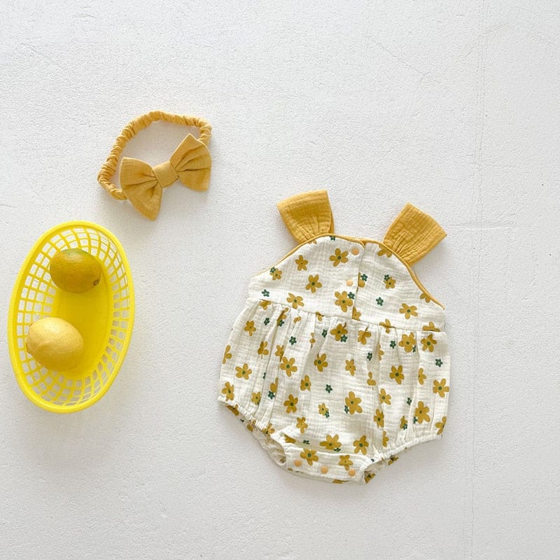ノースリーブロンパース Yellow / 6M 66cm ベビー フラワー ノースリーブ キャミソール ロンパース リボン ヘアバンド セット【mh0001450】