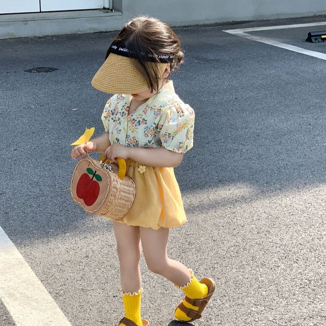 半袖セットアップ Yellow / 90cm キッズ セットアップ フラワー 半袖 パフスリーブ ブラウス ショート バルーンパンツ【mh0001552】