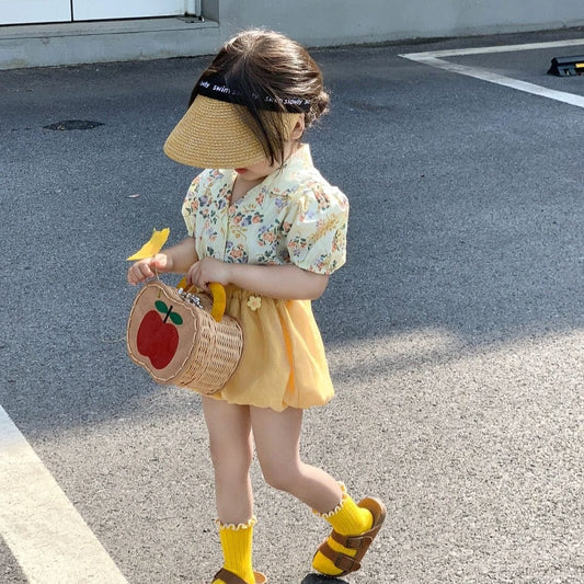 半袖セットアップ Yellow / 90cm キッズ セットアップ フラワー 半袖 パフスリーブ ブラウス ショート バルーンパンツ【mh0001552】