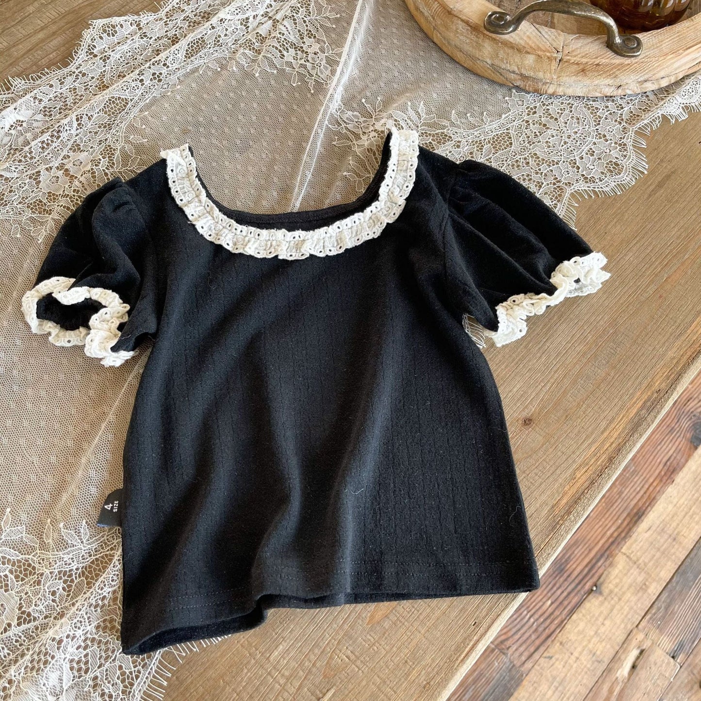 半袖Tシャツ Black / 24M 90cm キッズ レース フリル 半袖 Tシャツ ブラウス【mh0001114】