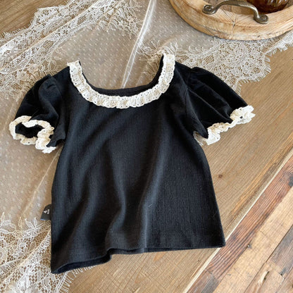 半袖Tシャツ Black / 24M 90cm キッズ レース フリル 半袖 Tシャツ ブラウス【mh0001114】