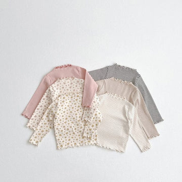 長袖Tシャツ キッズ 水玉 ドット ボーダー フラワー 小花柄 フリル 長袖 Tシャツ ガールズ