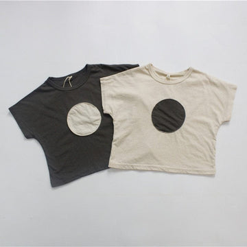 半袖Tシャツ キッズ サークル まる アップリケ 半袖 ルーズ Tシャツ ベージュ グレー ユニセックス