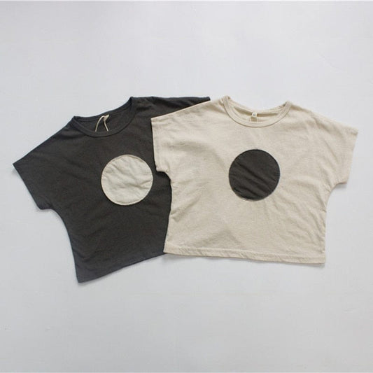 半袖Tシャツ キッズ サークル まる アップリケ 半袖 ルーズ Tシャツ ベージュ グレー ユニセックス