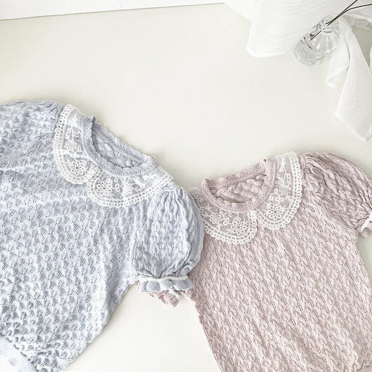 半袖Tシャツ ベビー キッズ サマーニット レースカラー 半袖 ブラウス Tシャツ トップス ピンク 水色 ガールズ