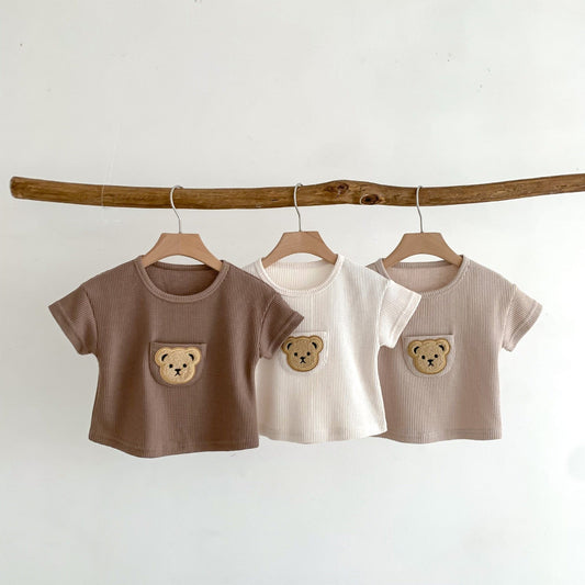 半袖Tシャツ ベビー くま ベア ワッペン ワッフル 半袖 Tシャツ トップス ベージュ ブラウン カーキ ボーイズ 5693B