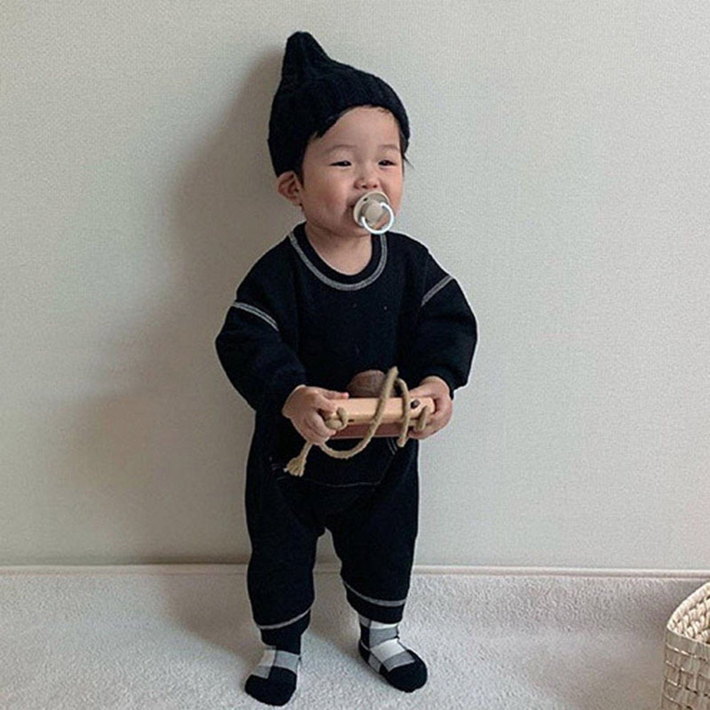 長袖ロンパース Black / 66cm ベビーロンパース ステッチ長袖ジャンプスーツ 2カラー【mh0000385】